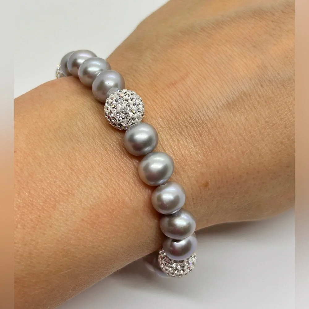 8-9mm Grey Freshwater Pearl Disco Ball Crystal Stretch Bracelet